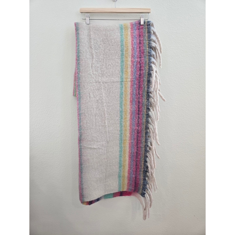 Free People Multi Color Striped Fringe Throw Blanket Pink Yellow Blue Cream